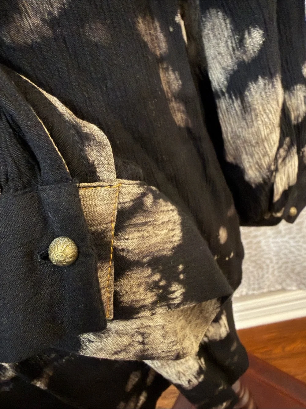 Aratta Black Tie-Dye Chic Western StyleButton-Down Shirt with Floral Yoke